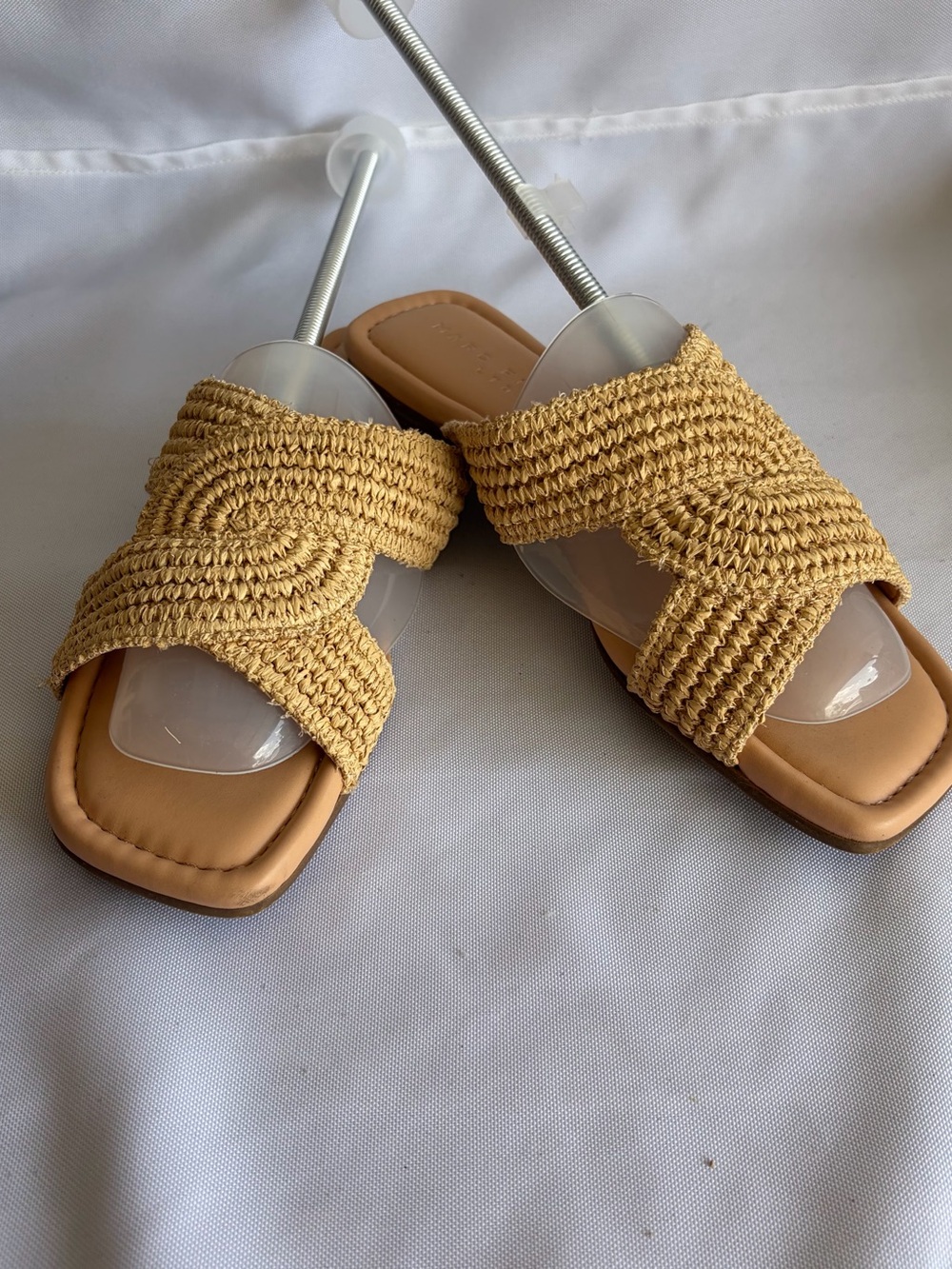 Marc Fisher Woven Raffia Slide Sandals in Mustard